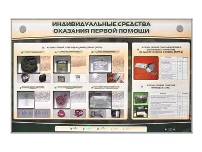 Интерактивный стенд «Индивидуальные средства оказания первой помощи пострадавшим» с натурными образцами