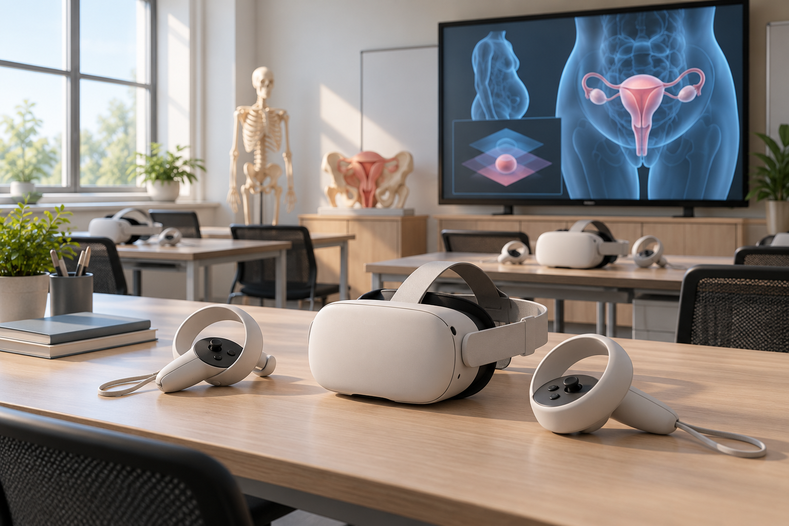 Концептуальная AI-иллюстрация: VR-гарнитура с контроллерами и условные анатомические модели в классе