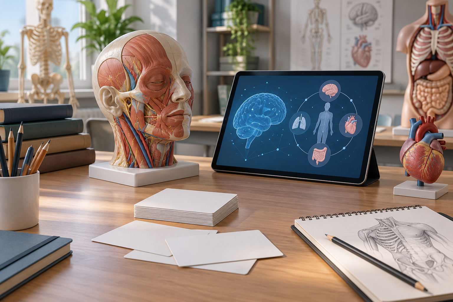 Концептуальная AI-иллюстрация: чистые карточки, анатомические макеты и планшет на столе методиста