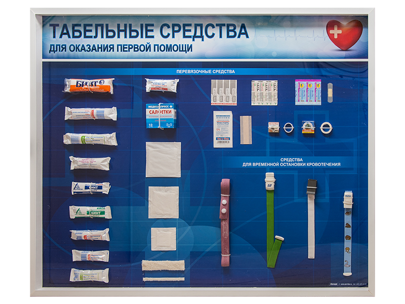 Стенды "Табельные средства для оказания первой помощи" (образцы под оргстеклом) — купить в МЕДСЕТ