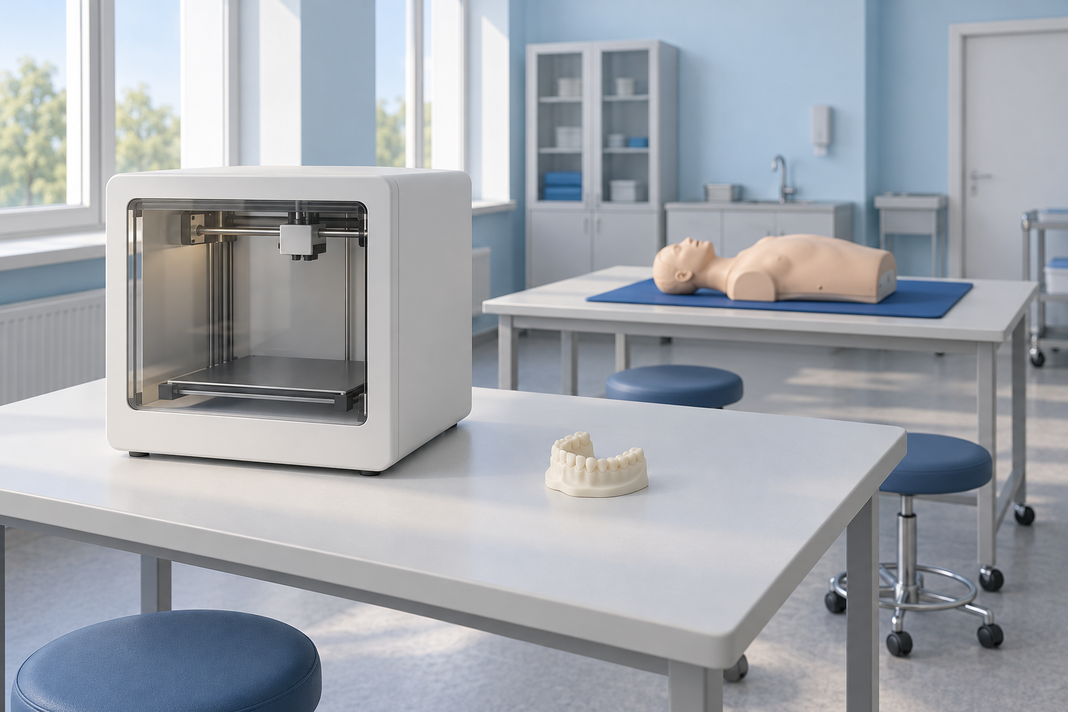 Концептуальная AI-иллюстрация: отдельные учебные столы с 3D-принтером, зуботехническим макетом и торсом