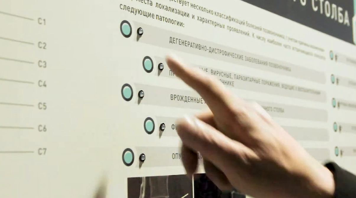 Интерактивный электрифицированный стенд "Патологии позвоночного столба" с натурными образцами — купить в МЕДСЕТ