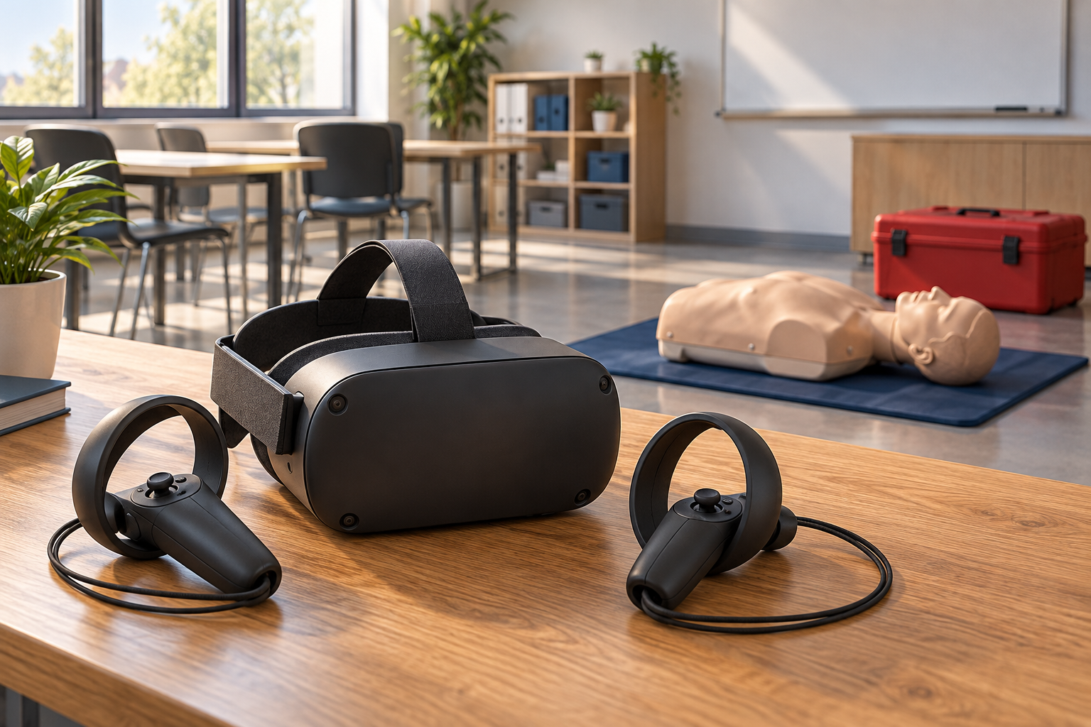 VR-гарнитура и два контроллера на столе, учебный торс для СЛР в глубине класса. Концептуальная AI-иллюстрация.