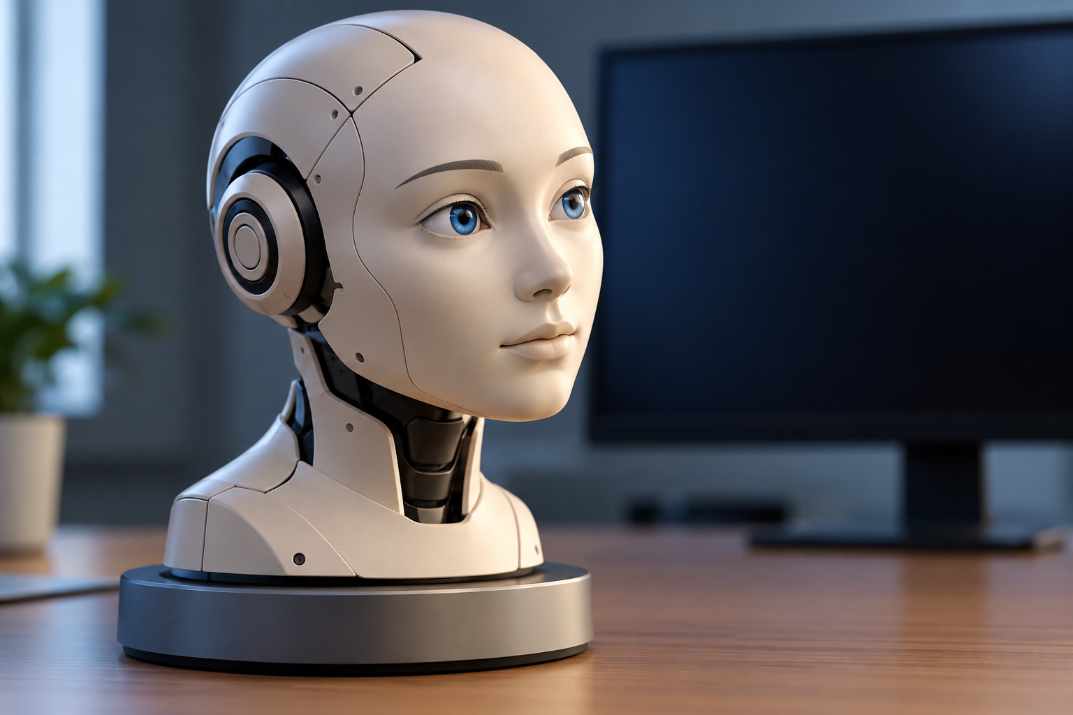 Условная роботизированная учебная голова с искусственными глазами. Концептуальная AI-иллюстрация, не изображение разработки СГМУ.