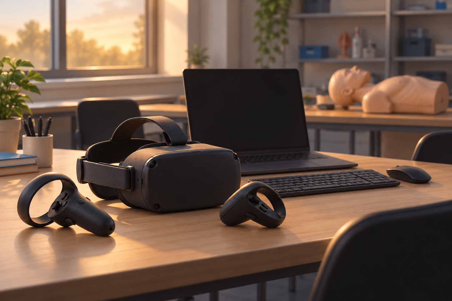 Чёрная VR-гарнитура с контроллерами на столе лаборатории, ноутбук и учебный торс вдали. Концептуальная AI-иллюстрация.